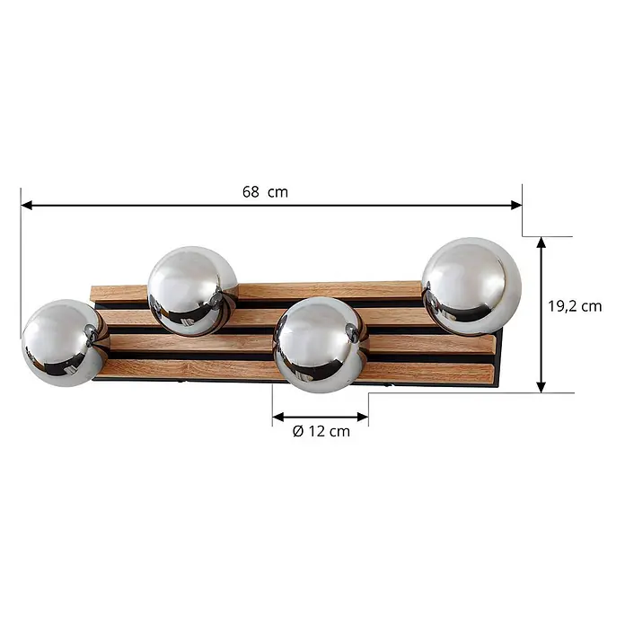Lindby Wandleuchte Woodora - L x B x H: 16 x 68 x 19,5 cm, Holz hell, klar / transparent, G9 - Moderne Garderobenleiste mit Holzsockel und vier glänzenden, verchromten Kugelhaken.