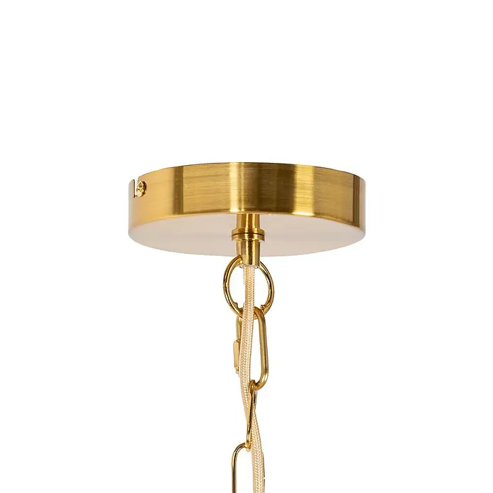 Lindby Kronleuchter Elanova - messing, E14 - Messing-Deckenbaldachin mit goldener Kette und beigem Textilkabel für eine Pendelleuchte.