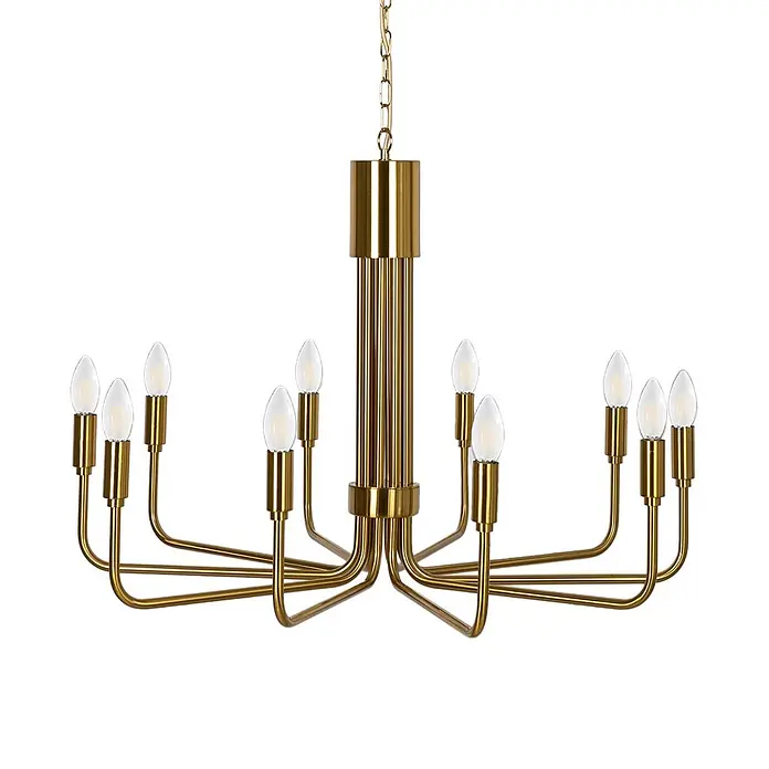 Lindby Kronleuchter Elanova - messing, E14 - Goldfarbener Kronleuchter mit Zentralsäule, mehreren Armen und zehn Kerzenlampen.