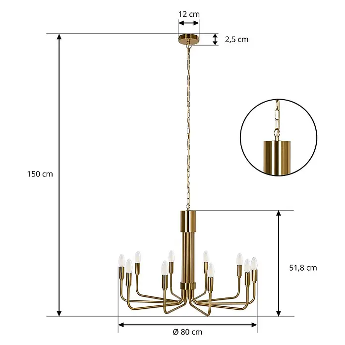 Lindby Kronleuchter Elanova - messing, E14 - Goldfarbener Metall-Kronleuchter mit mehreren Armen, Maße: Gesamthöhe 150 cm, Durchmesser 80 cm.