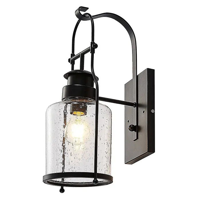 Lindby Wandleuchte Rozalie - L x B x H: 22 x 18 x 44 cm, schwarz, E27 - Schwarze Wandleuchte aus Metall mit Blasen-Glas und sichtbarer Glühbirne.