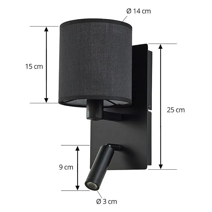 Lindby Wandleuchte Aiden - L x B x H: 18 x 14 x 30,8 cm, schwarz, E14 - Schwarze Wandleuchte mit zylindrischem Stoffschirm und verstellbarer LED-Leselampe. Wandmontierte Leuchte für vielseitige Beleuchtung.