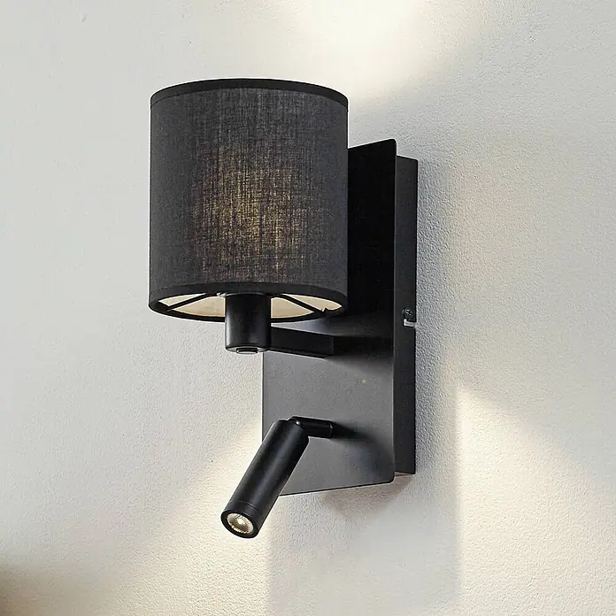Lindby Wandleuchte Aiden - L x B x H: 18 x 14 x 30,8 cm, schwarz, E14 - Schwarze Wandleuchte mit zylindrischem Stoffschirm und integriertem, verstellbarem LED-Lesespot.