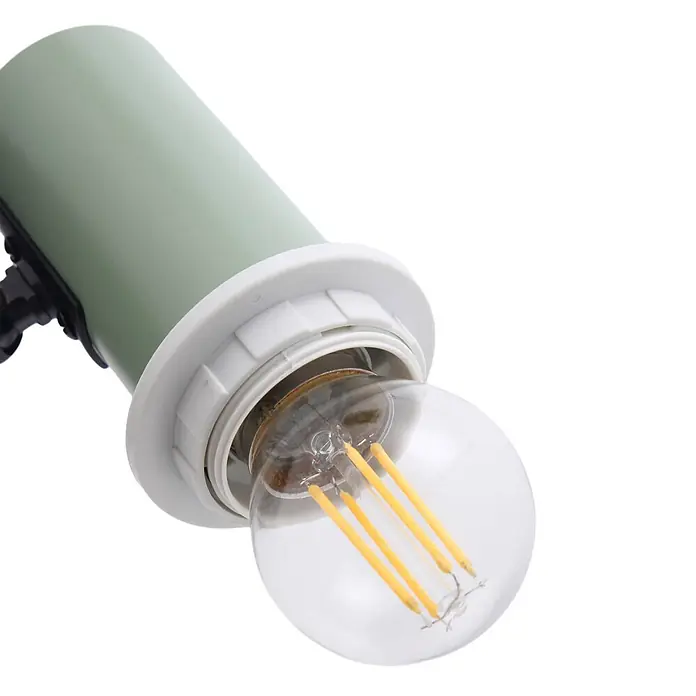 Lindby Wandstrahler Ovelia - schwarz, grün, E27 - Hellgrüne zylindrische Leuchte mit weißer Fassung und klarer LED-Glühlampe.