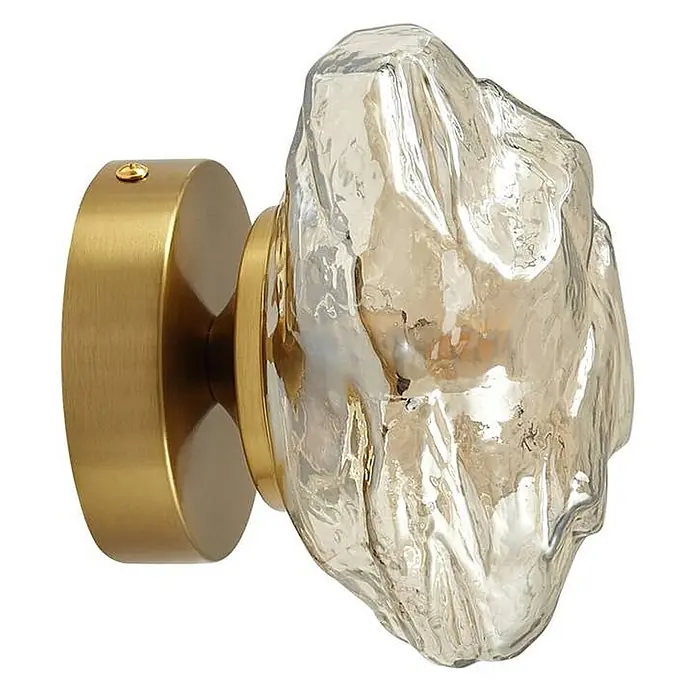 Lindby Wandleuchte Piatra - L x B x H: 12,5 x 15,5 x 15,5 cm, creme / amber, G9 - Wandleuchte mit gebürstetem Messingsockel und organischem, strukturiertem Klarglasschirm.