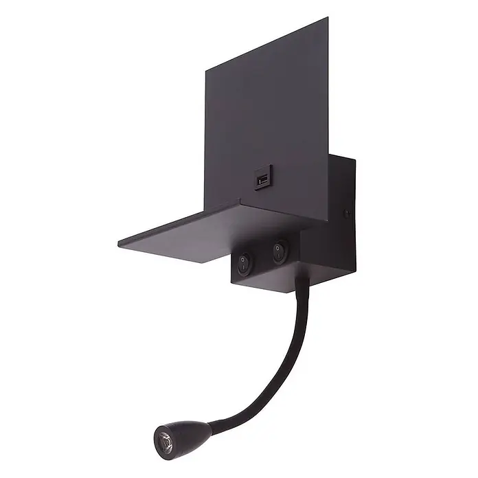 Lindby Wandleuchte Thorid - L x B x H: 15,2 x 18 x 45 cm, schwarz, schwarz, G9 - Schwarze Wandleuchte aus Metall mit Ablage, USB-Anschluss und flexiblem Schwanenhals-Leselicht mit zwei Schaltern.