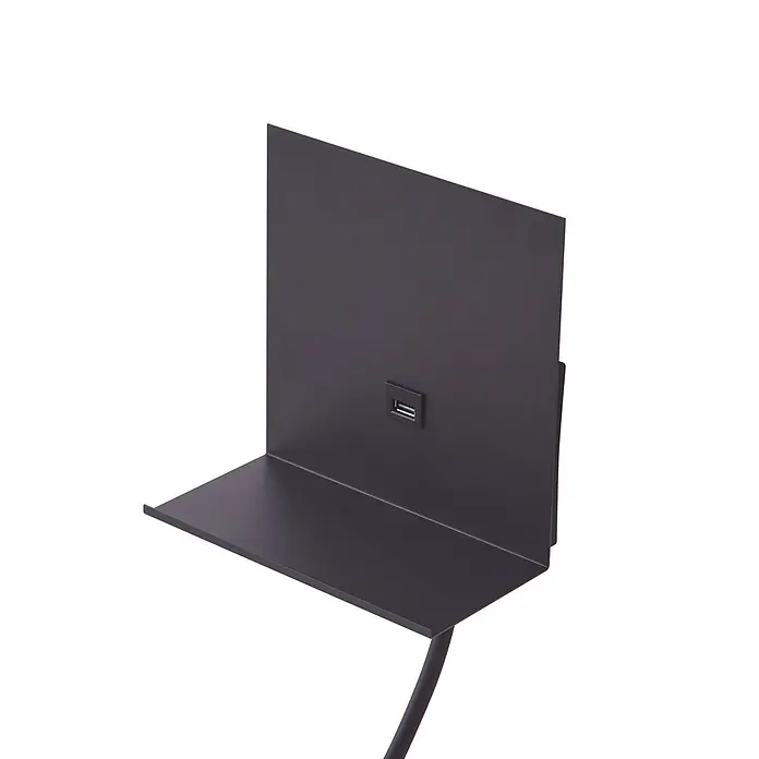 Lindby Wandleuchte Thorid - L x B x H: 15,2 x 18 x 45 cm, schwarz, schwarz, G9 - Schwarzes Metallwandregal mit integriertem USB-Ladeanschluss und schwarzem Kabel.