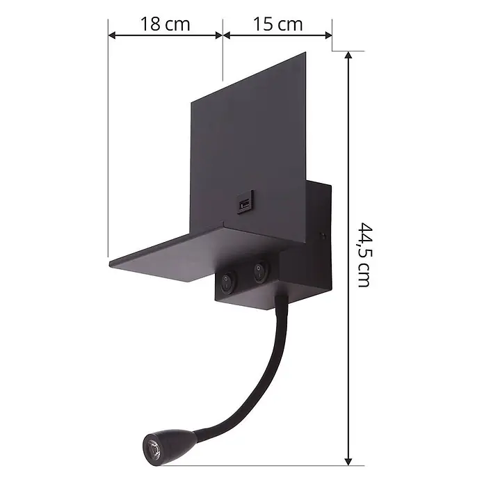 Lindby Wandleuchte Thorid - L x B x H: 15,2 x 18 x 45 cm, schwarz, schwarz, G9 - Schwarze Wandleuchte mit integriertem Regal, USB-Ladeanschluss und flexibler Schwanenhals-Leseleuchte.