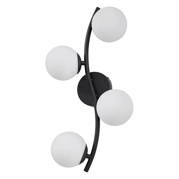 Lindby Wandleuchte Josiana - L x B x H: 12 x 30 x 47,5 cm, schwarz, weiß / opal, G9 - Schwarze geschwungene Wandleuchte aus Metall mit vier weißen Kugelglasdiffusoren.