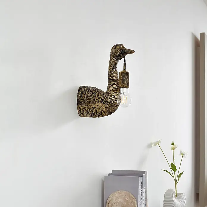 Lindby Wandleuchte Nirvathia - L x B x H: 24,5 x 9 x 30,5 cm, bronze / altmessing, E27 - Goldene Ente Wandleuchte mit strukturierter Federoptik und sichtbarer Glühbirne.