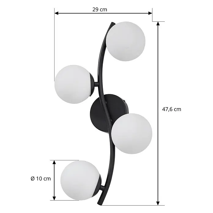 Lindby Wandleuchte Josiana - L x B x H: 12 x 30 x 47,5 cm, schwarz, weiß / opal, G9 - Schwarze moderne Wandleuchte mit geschwungenem Rahmen und drei weißen kugelförmigen Glasschirmen.