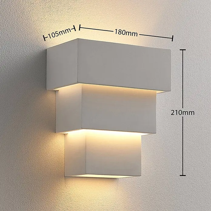 Lindby Wandleuchte Antonella - L x B x H: 10,5 x 18 x 21 cm, weiß / opal, G9 - Graue rechteckige, mehrstufige Wandleuchte an texturierter Wand, spendet warmes Up-Down-Licht. Maße: 180x210x105mm.