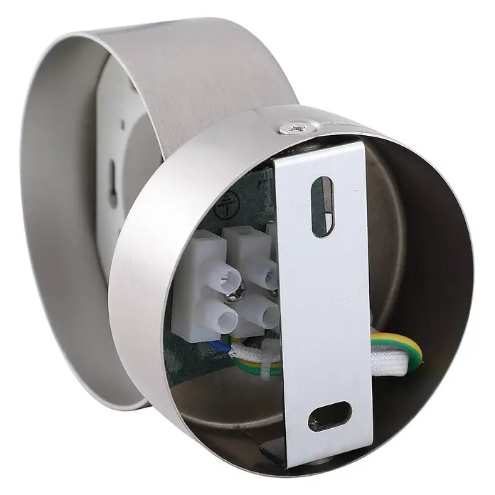 Lindby Wandleuchte Jyla - L x B x H: 10,5 x 8 x 7 cm, alu / grau / zink, 2GX53 - Rückansicht einer Wandleuchte aus gebürstetem Silbermetall mit internen elektrischen Anschlüssen und Montagehalterung.