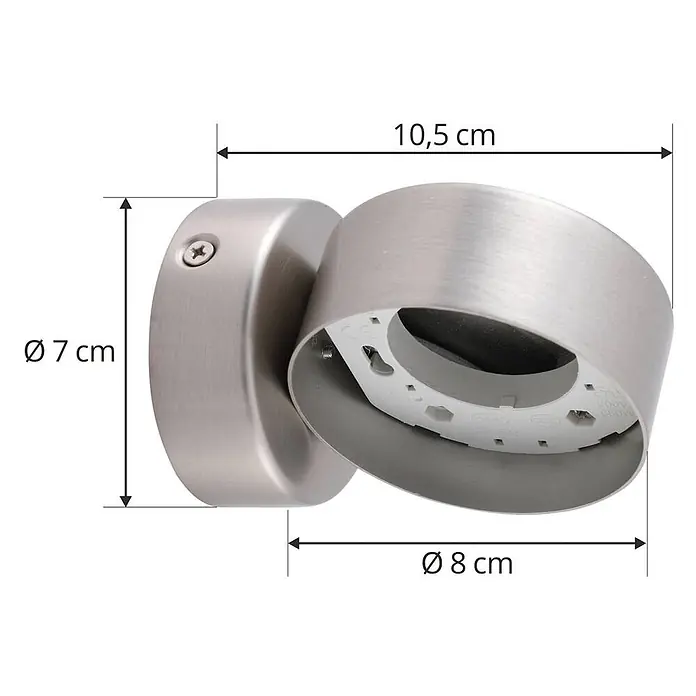 Lindby Wandleuchte Jyla - L x B x H: 10,5 x 8 x 7 cm, alu / grau / zink, 2GX53 - Wandstrahler aus gebürstetem Edelstahl mit rundem Sockel (Ø 7 cm) und verstellbarem Kopf (Ø 8 cm), Gesamtlänge 10,5 cm.