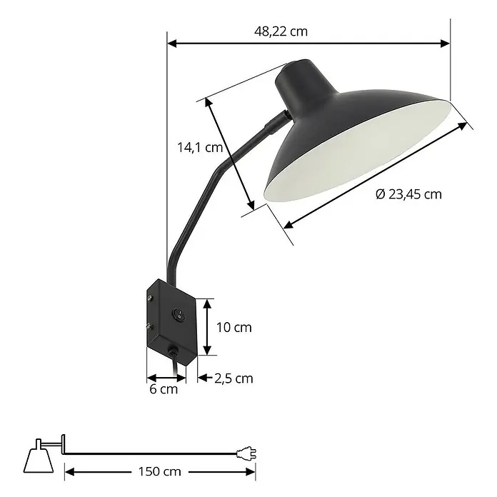 Lindby Wandleuchte Adrik - L x B x H: 48 x 23,5 x 23 cm, schwarz, schwarz, E27 - Schwarze verstellbare Wandleuchte mit Maßen. Verfügt über einen verstellbaren Arm, schwenkbaren Schirm (Ø 23,45 cm) und Wandschalter.