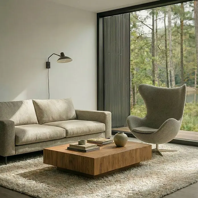 Lindby Wandleuchte Adrik - L x B x H: 48 x 23,5 x 23 cm, schwarz, schwarz, E27 - Moderner Wohnraum mit hellem Sofa, Couchtisch aus Holz, grauem Egg Chair und Wandlampe, vor Waldblick.