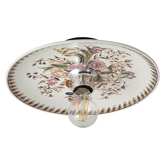 Lucande Wandleuchte Faelira - violett / pink / rose, E27 - Eine runde Keramikdeckenleuchte mit farbigem Blumenmuster und einer Chromfassung mit klarer LED-Glühbirne.