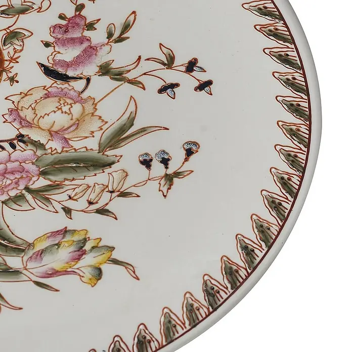 Lucande Wandleuchte Faelira - violett / pink / rose, E27 - Runde Keramikplatte mit aufwendigem handgemaltem Blumendekor und grün-brauner Bordüre.