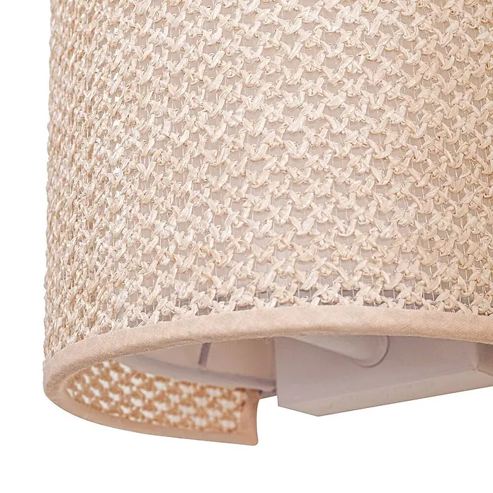 Lindby Wandleuchte Soula - L x B x H: 18 x 15 x 20 cm, creme / amber, E27 - Detail einer hellbeigen gewebten Lampenschirm mit strukturierter Bast-Optik und Stoffbesatz.