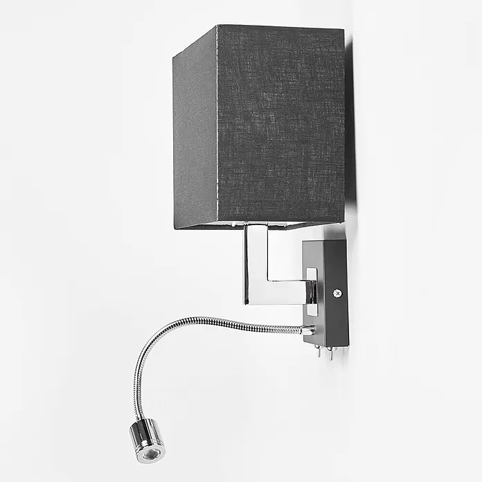 Lucande Wandleuchte Rebekka - L x B x H: 15 x 23,5 x 31,5 cm, chrom / silber, schwarz, E27 - Dunkelgraue Wandleuchte mit rechteckigem Stoffschirm und integrierter flexibler LED-Leselampe aus Chrom.