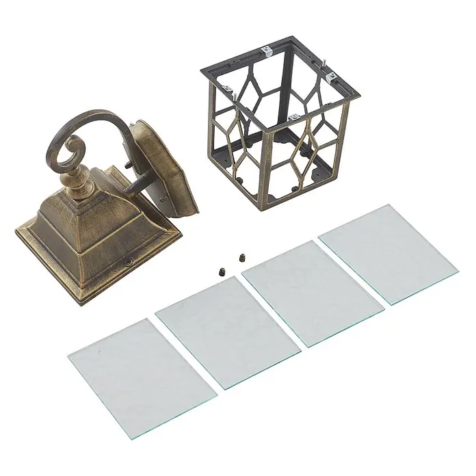 Lindby Wandleuchte Purnima - L x B x H: 17,8 x 15,1 x 31,8 cm, bronze / altmessing, bronze / altmessing, E27 - Demontierte antike bronzene Außenwandleuchte: Sockel, Zierkäfig, vier Glasscheiben und Schrauben.