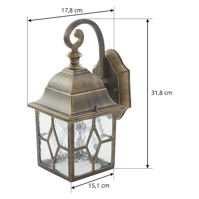 Lindby Wandleuchte Purnima - L x B x H: 17,8 x 15,1 x 31,8 cm, bronze / altmessing, bronze / altmessing, E27 - Antik-Messing-Außenwandleuchte im Laternenstil mit geschwungenem Arm und strukturiertem Glas.