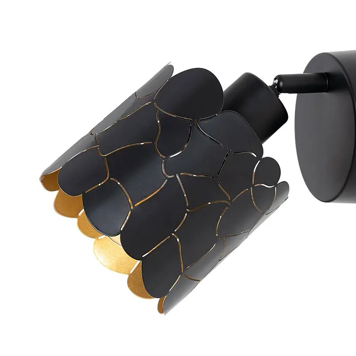 Lindby Wandleuchte Aralena - L x B x H: 12 x 12 x 12 cm, schwarz, schwarz, E27 - Schwarzer Metallstrahler mit dekorativem Schirm aus überlappenden Segmenten, der ein warmes Goldinneres zeigt.