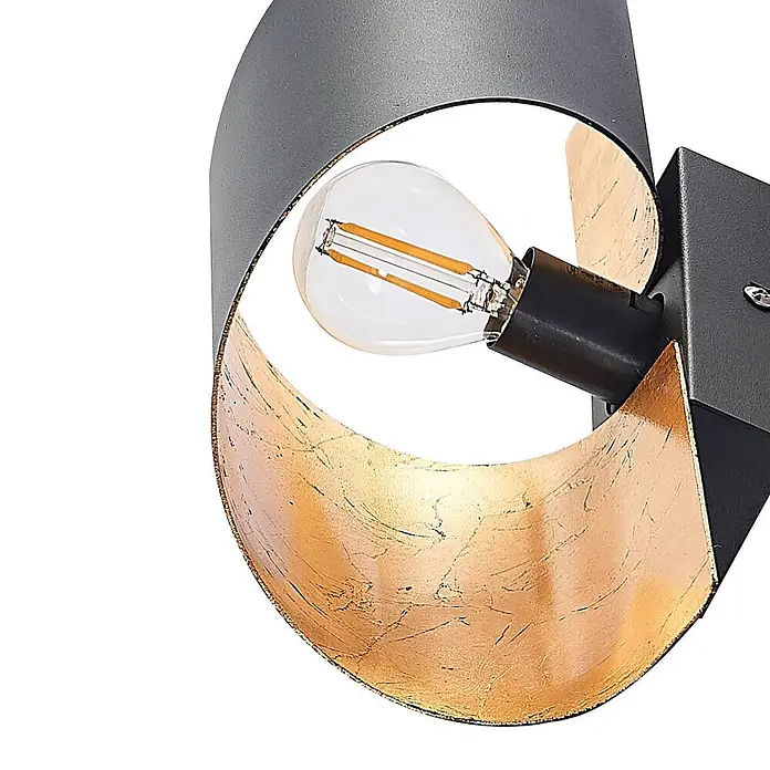 Lindby Wandleuchte Desirio - schwarz, schwarz, E14 - Dunkelgraue geschwungene Leuchte mit texturierter goldener Innenseite, inklusive LED-Filamentlampe.