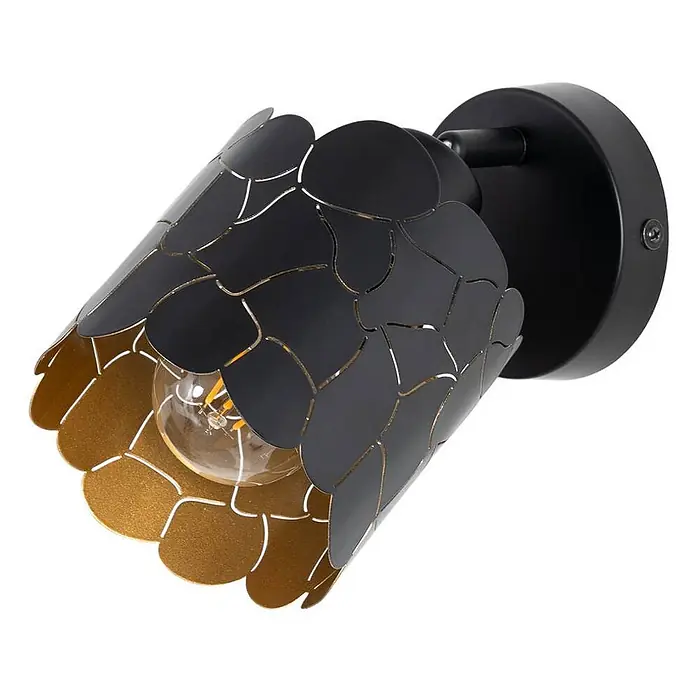 Lindby Wandleuchte Aralena - L x B x H: 12 x 12 x 12 cm, schwarz, schwarz, E27 - Schwarze und goldene Wandleuchte mit dekorativem, ausgeschnittenem Metallschirm und sichtbarer Glühbirne.