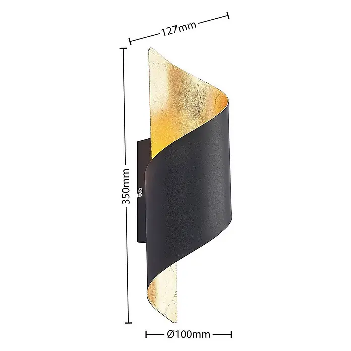 Lindby Wandleuchte Desirio - L x B x H: 13 x 10,5 x 35 cm, schwarz, schwarz, E14 - Moderne schwarz-goldene geschwungene Wandleuchte. Mit vergoldeter Innenseite, 350mm hoch, 127mm breit, 100mm tief.
