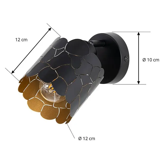 Lindby Wandleuchte Aralena - L x B x H: 12 x 12 x 12 cm, schwarz, schwarz, E27 - Schwarz-goldene Wandleuchte mit dekorativem, ausgeschnittenem Schirm und sichtbarer klarer Glühbirne. Der Schirm ist 12 cm lang, die Wandhalterung hat 10 cm Durchmesser.