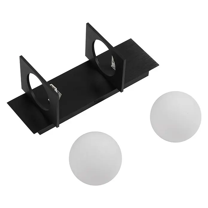 Lucande Wandleuchte Kulka - L x B x H: 13 x 13 x 32 cm, schwarz, G9 - Schwarzes Einbauleuchtengehäuse aus gebürstetem Metall mit zwei runden Aussparungen und zwei weißen Kugelstreuscheiben.