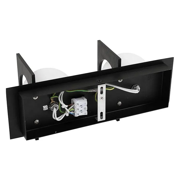 Lucande Wandleuchte Kulka - L x B x H: 13 x 13 x 32 cm, schwarz, G9 - Innenansicht einer schwarzen, rechteckigen Wandleuchte mit Verkabelung, Klemmenblock und Halterung für zwei weiße Kugelschirme.