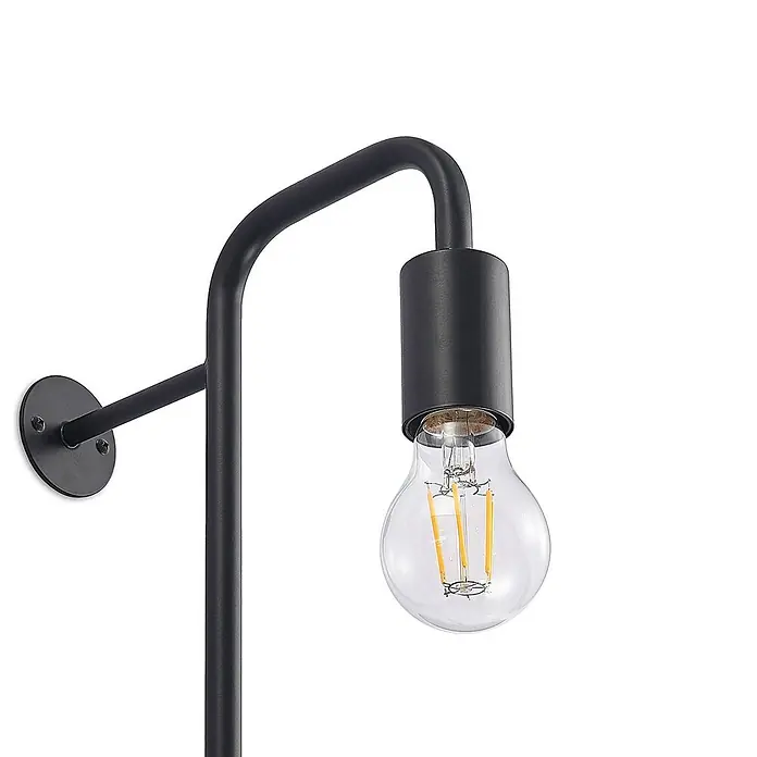 Lindby Wandleuchte Hanjo - schwarz, E27 - Schwarze Metall-Wandleuchte mit gebogenem Arm und freiliegender, klarer LED-Glühbirne.