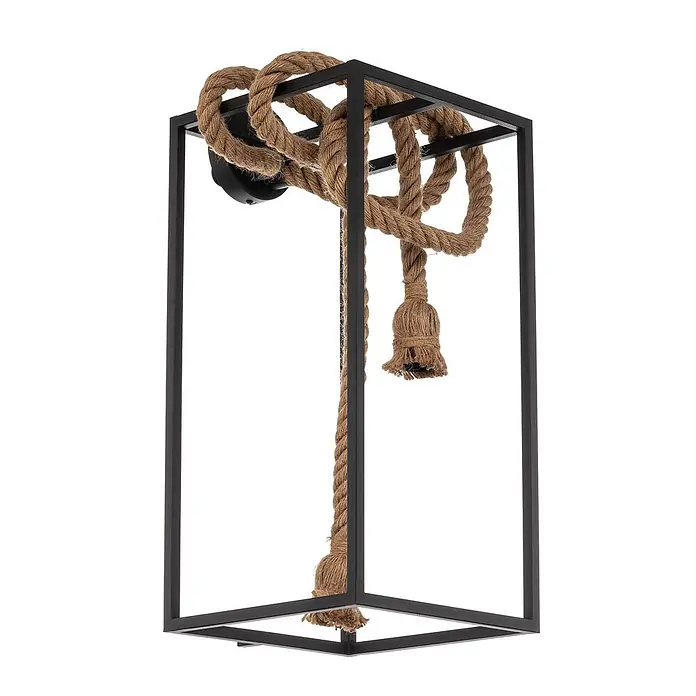 Lucande Wandleuchte Vlados - L x B x H: 27,5 x 25 x 54 cm, schwarz, schwarz, E27 - Schwarze rechteckige Metall-Leuchte mit naturfarbenem Seil, das sich darin windet, einem herabhängenden Seil und Quaste.