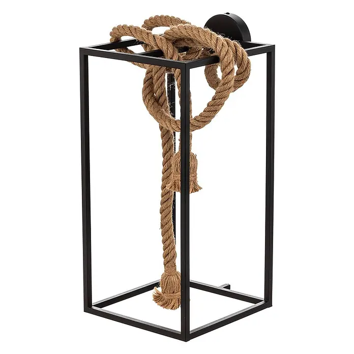 Lucande Wandleuchte Vlados - L x B x H: 27,5 x 25 x 54 cm, schwarz, schwarz, E27 - Schwarze quadratische Metallrahmenleuchte mit einem spiralförmigen braunen Juteseil und integriertem LED-Licht.