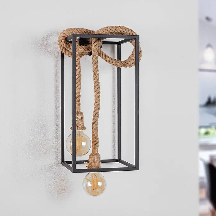 Lucande Wandleuchte Vlados - L x B x H: 27,5 x 25 x 54 cm, schwarz, schwarz, E27 - Industrielle Wandleuchte mit schwarzem Metallrahmen, natürlichem Juteseil und zwei Edison-Glühbirnen.