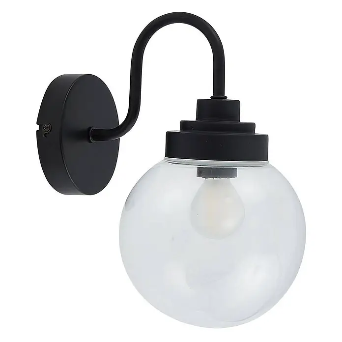 Lucande Wandleuchte Badolo - L x B x H: 21,5 x 15 x 25 cm, schwarz, klar / transparent, E14 - Schwarze Wandleuchte mit geschwungenem Arm und klarem Kugelglas-Schirm mit sichtbarer Glühbirne.