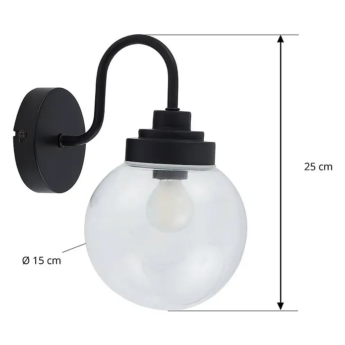 Lucande Wandleuchte Badolo - L x B x H: 21,5 x 15 x 25 cm, schwarz, klar / transparent, E14 - Schwarze Metall-Wandleuchte mit klarer Glaskugel, 25 cm hoch, 15 cm Durchmesser.