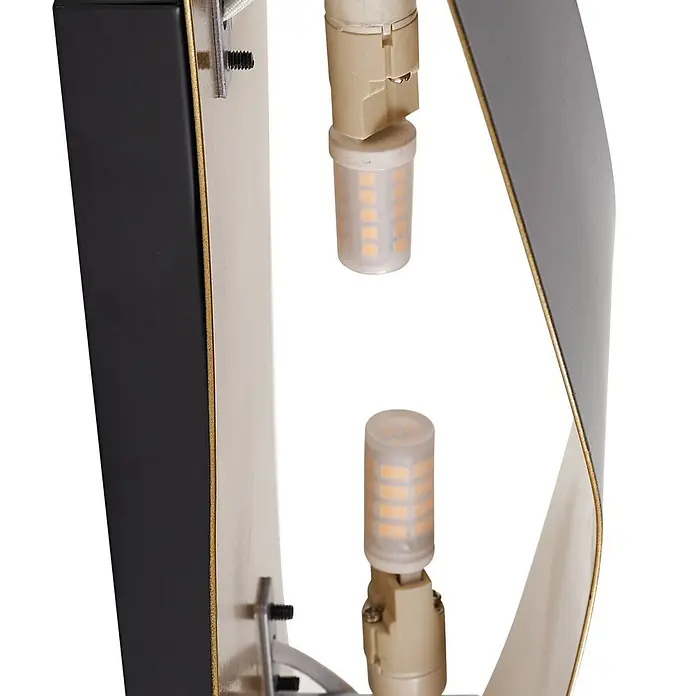 Lindby Wandleuchte Dailin - L x B x H: 10 x 30 x 15 cm, schwarz, G9 - Detail einer modernen LED-Leuchte: zwei G9-LED-Lampen in beigen Fassungen, schwarze und graue Elemente, goldene Zierleiste.