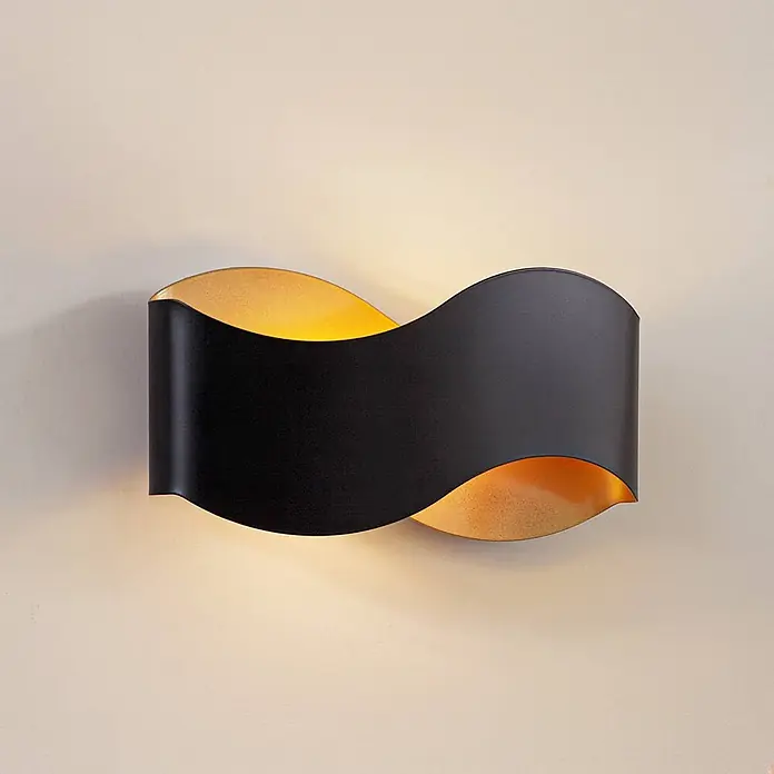 Lindby Wandleuchte Dailin - L x B x H: 10 x 30 x 15 cm, schwarz, G9 - Schwarze, wellenförmige Metall-Wandleuchte mit goldener Innenseite, die Licht nach oben und unten abgibt.