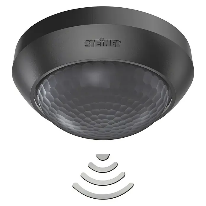 Steinel Bewegungsmelder IS 360-3 schwarz - Reichweite Sensor: 12 m, Schwarz, Erfassungswinkel Sensor: 360 ° - Nahaufnahme eines schwarzen Steinel-Bewegungsmelders mit Sensordiagramm, der die Reichweite des Sensors anzeigt.