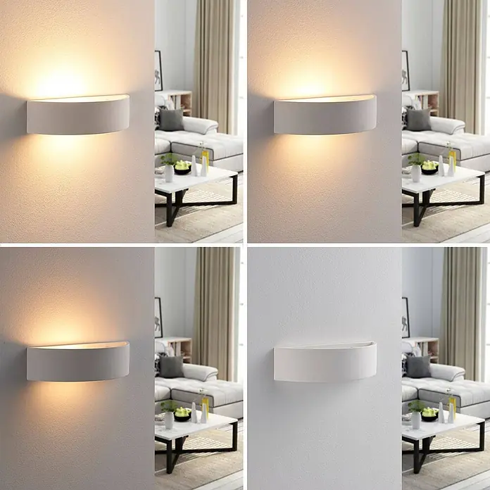 Lindby Wandleuchte Aurel - weiß / opal, E14 - Weiße halbkreisförmige LED-Wandleuchte, montiert, strahlt warmes Licht nach oben/unten ab. Zeigt einstellbare Lichttemperaturen und Aus-Zustand im Wohnzimmer.