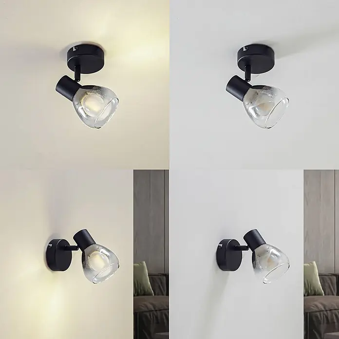 Lindby Wandleuchte Pendura - L x B x H: 9 x 9 x 12,5 cm, schwarz, alu / grau / zink, E14 - Schwarzmetallener Strahler mit klarem Glasschirm, an Decke und Wand montiert, warmes und kaltes Licht abgebend.