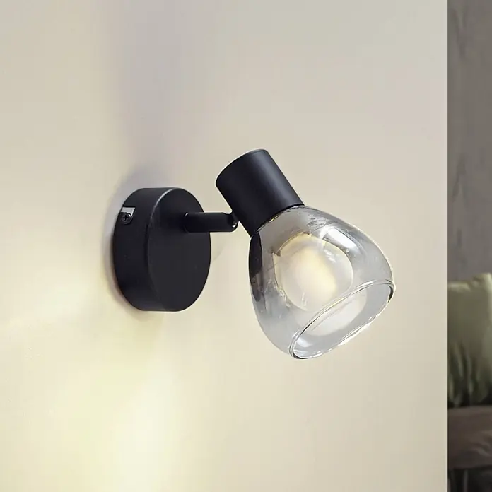 Lindby Wandleuchte Pendura - L x B x H: 9 x 9 x 12,5 cm, schwarz, alu / grau / zink, E14 - Schwarzer Wandstrahler mit verstellbarem Klarglasschirm und sichtbarer Lichtquelle.