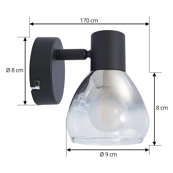 Lindby Wandleuchte Pendura - L x B x H: 9 x 9 x 12,5 cm, schwarz, alu / grau / zink, E14 - Moderne schwarze Wandleuchte mit klarem/rauchigem Glasschirm und sichtbarer Glühbirne.