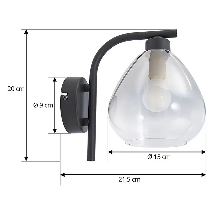 Lindby Wandleuchte Pendura - schwarz, alu / grau / zink, E14 - Dunkelgraue Wandleuchte aus Metall mit geschwungenem Arm und klarem, tropfenförmigem Glasschirm mit Glühbirne.