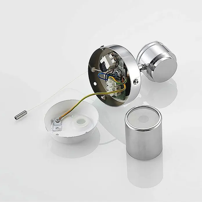 Lindby Wandleuchte Remilan - L x B x H: 12,3 x 9 x 10,6 cm, chrom / silber, chrom / silber, GU10 - Demontierte verchromte Wandleuchte mit offener Verkabelung und Montageplatte, sowie einem zylindrischen Leuchtengehäuse.