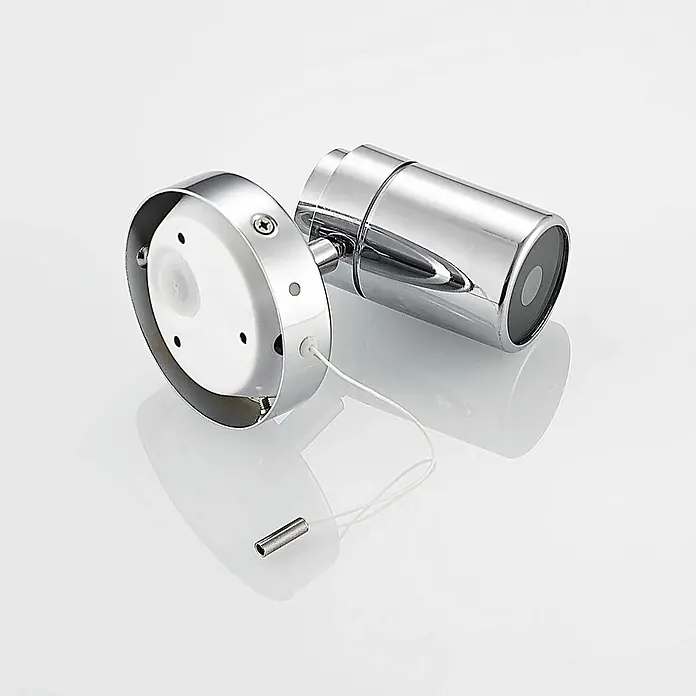 Lindby Wandleuchte Remilan - L x B x H: 12,3 x 9 x 10,6 cm, chrom / silber, chrom / silber, GU10 - Verchromte Wandhalterung mit weißem Inneren und Zugschnurschalter, demontiert dargestellt.