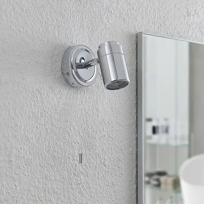 Lindby Wandleuchte Remilan - L x B x H: 12,3 x 9 x 10,6 cm, chrom / silber, chrom / silber, GU10 - Verchromter Badezimmerstrahler mit verstellbarem Kopf und Zugschalter.